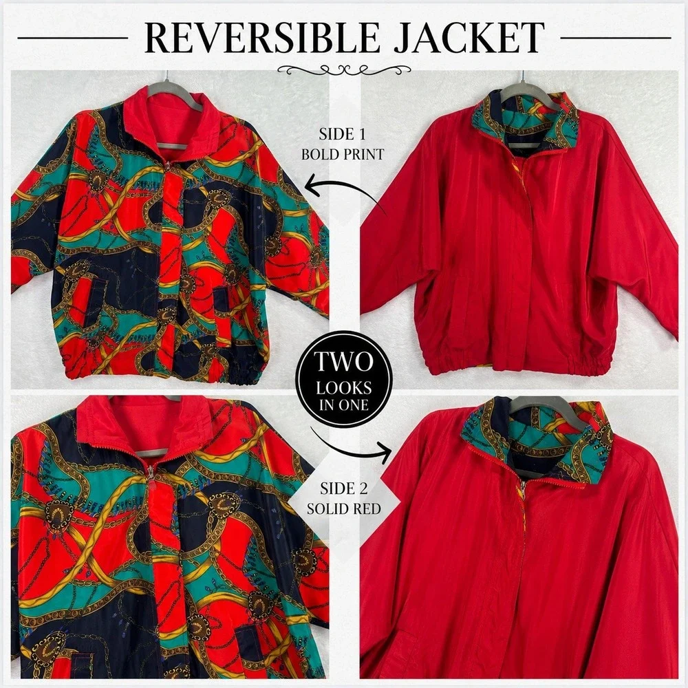 GDT Too Reversible Bomber Jacket Womens OS Red Multi‎ Chain Print Vintage 80s
